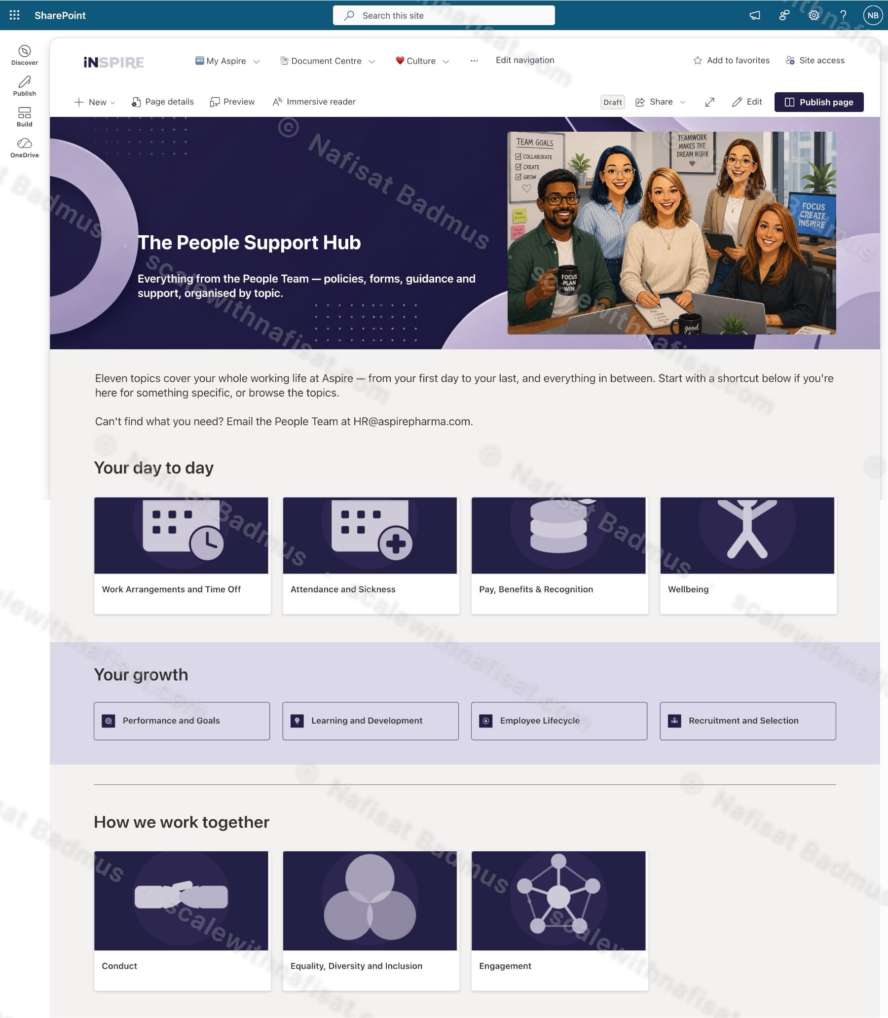 The People Support Hub SharePoint HR intranet home page with policy topic tiles